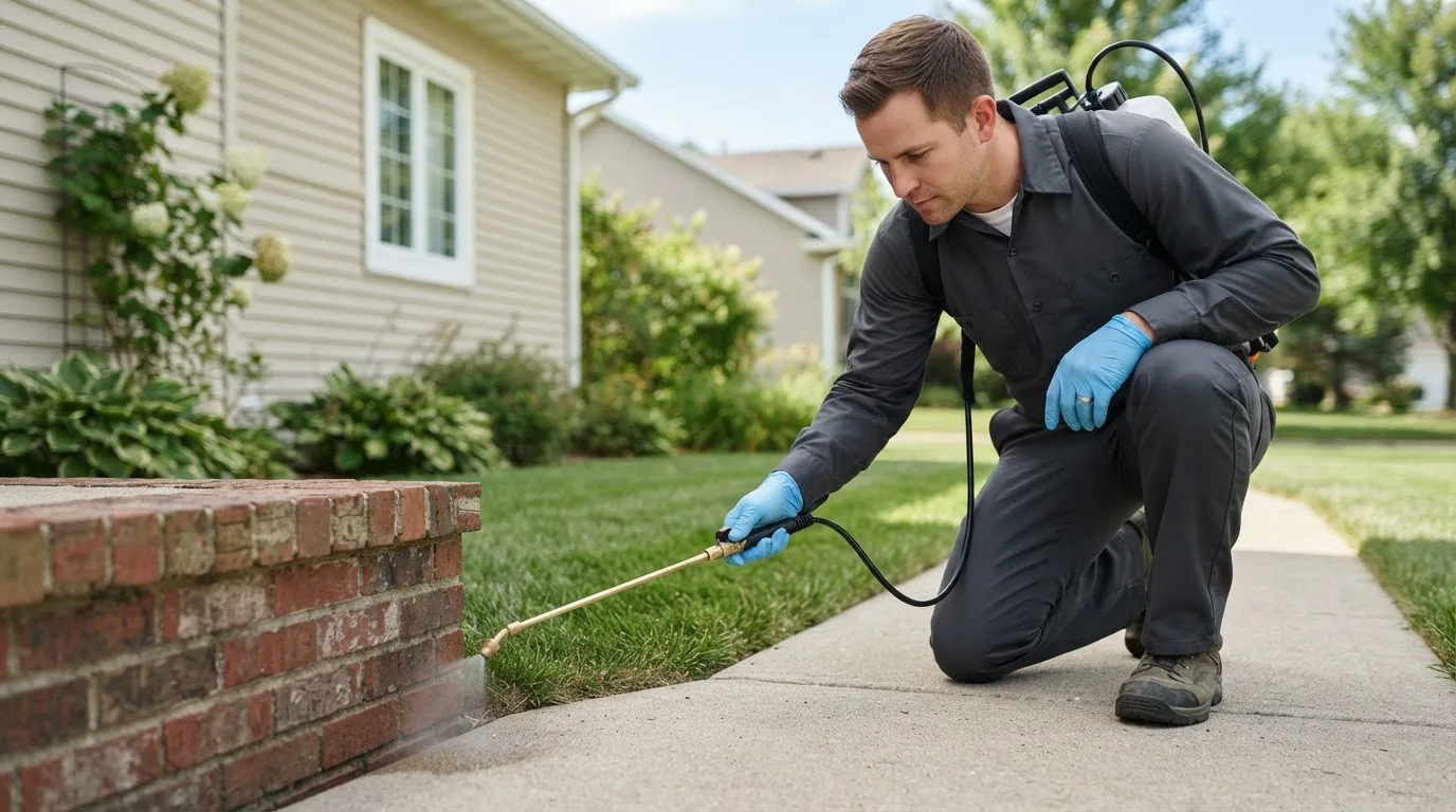Pest control technician treating a home near Westlake, OR